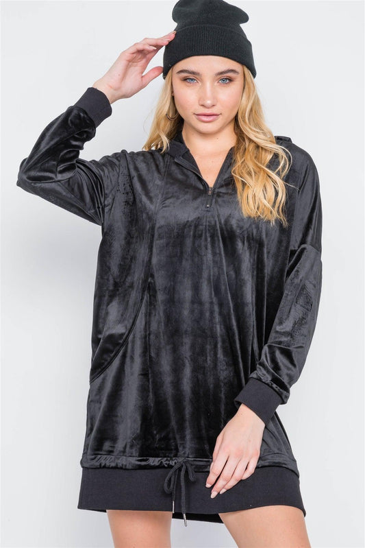 Black Velvet Long Sleeve Hooded Mini Shirt Dress /1-2-2