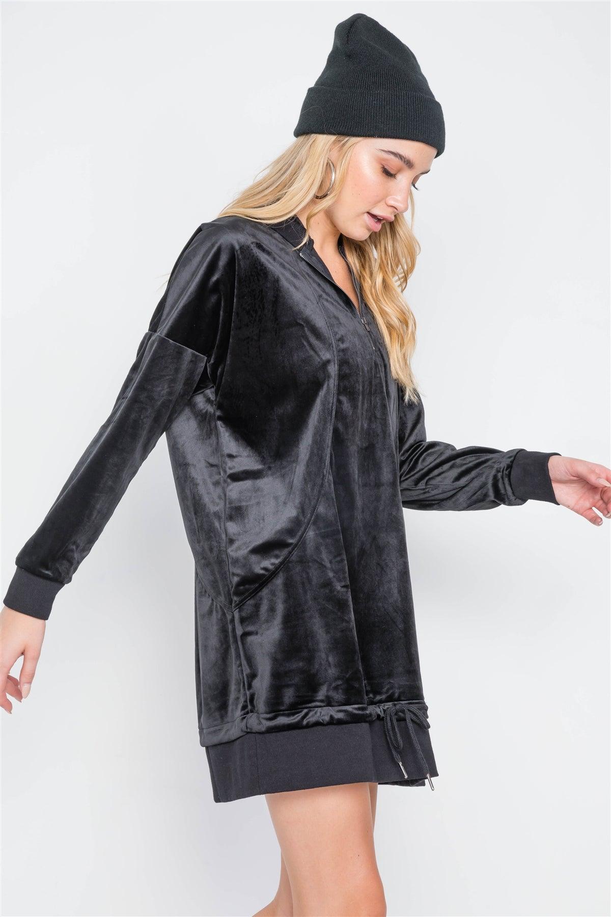 Black Velvet Long Sleeve Hooded Mini Shirt Dress /1-2-2