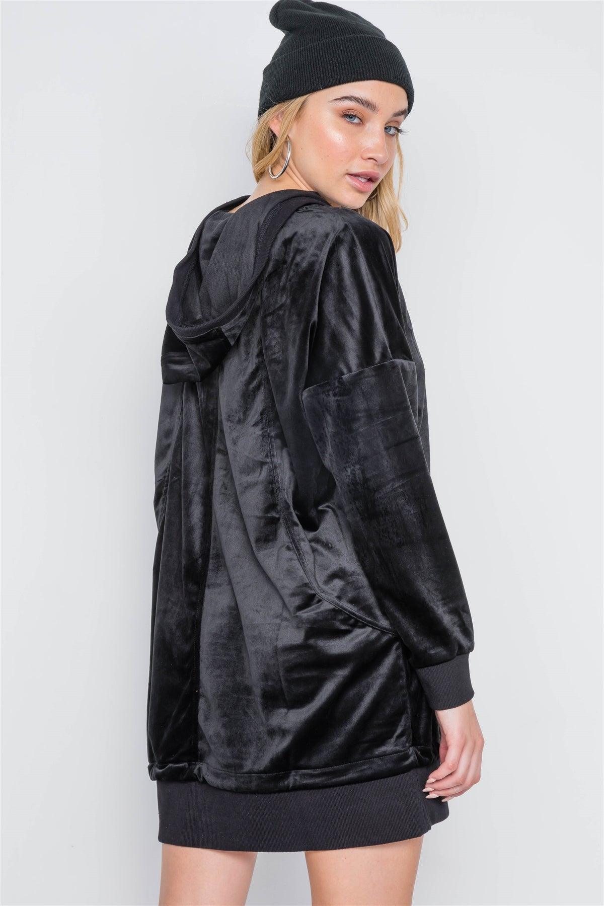 Black Velvet Long Sleeve Hooded Mini Shirt Dress /1-2-2