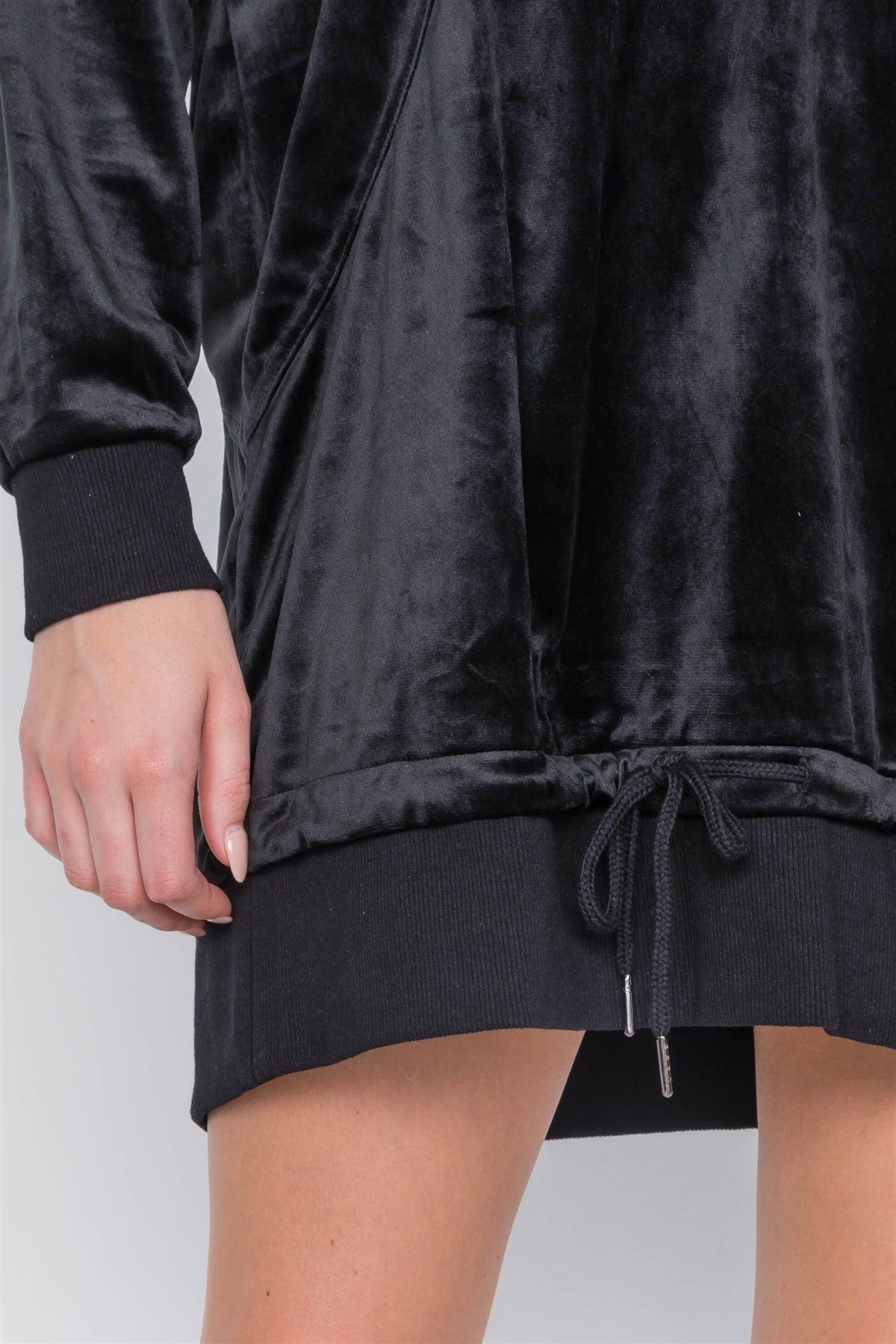 Black Velvet Long Sleeve Hooded Mini Shirt Dress /1-2-2