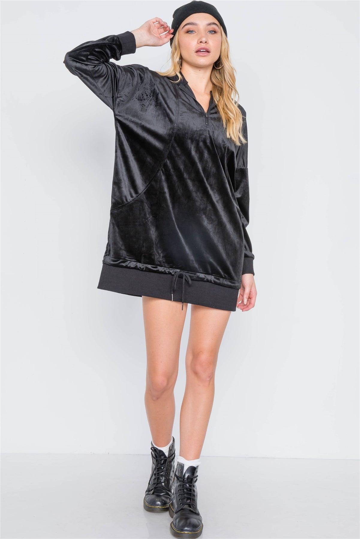 Black Velvet Long Sleeve Hooded Mini Shirt Dress /1-2-2