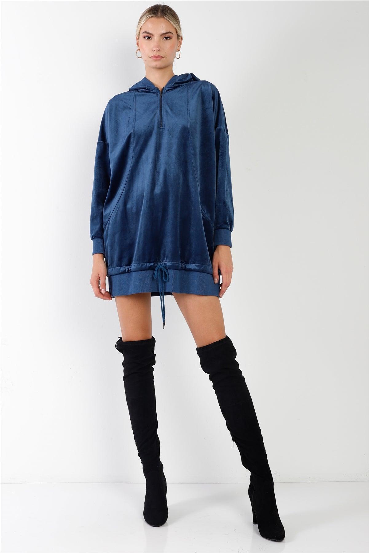 Navy Streetwear Velvet Long Sleeve Hooded Mini Sweatshirt Dress /2-2-2