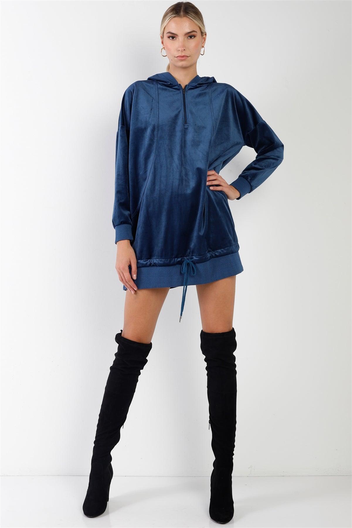 Navy Streetwear Velvet Long Sleeve Hooded Mini Sweatshirt Dress /2-2-2