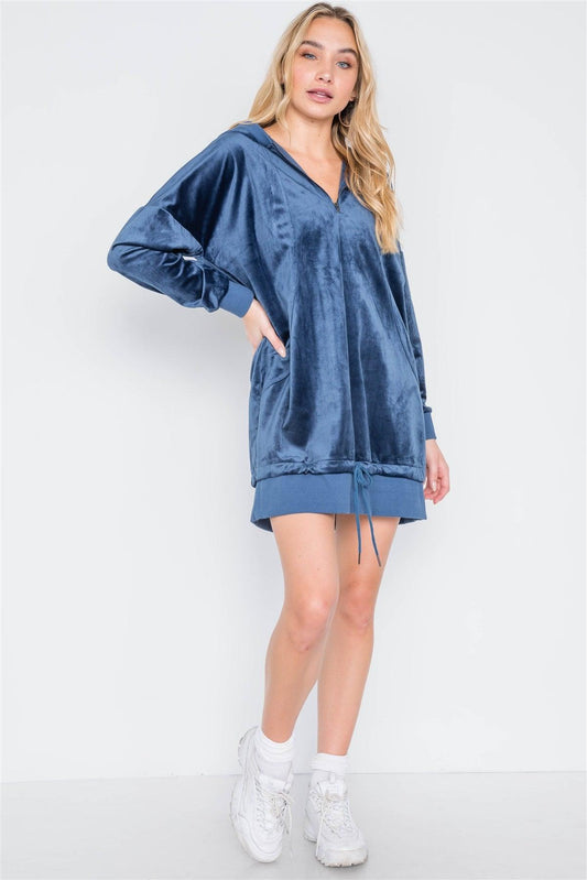 Navy Velvet Long Sleeve Hooded Mini Shirt Dress /2-2-3