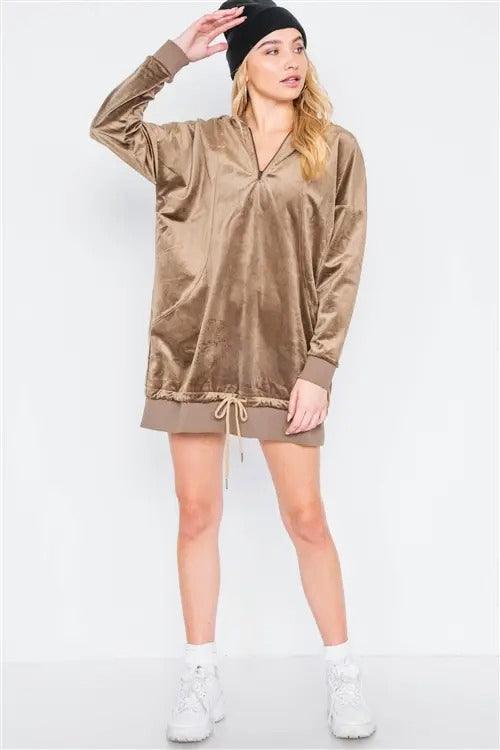 Olive Streetwear Velvet Long Sleeve Hooded Mini Sweatshirt Dress /2-2-2