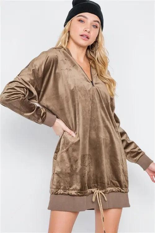 Olive Velvet Long Sleeve Hooded Mini Shirt Dress