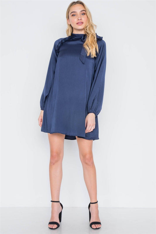 Navy Satin Long Balloon Puff Sleeve Side-Tie Mini Dress /2-2