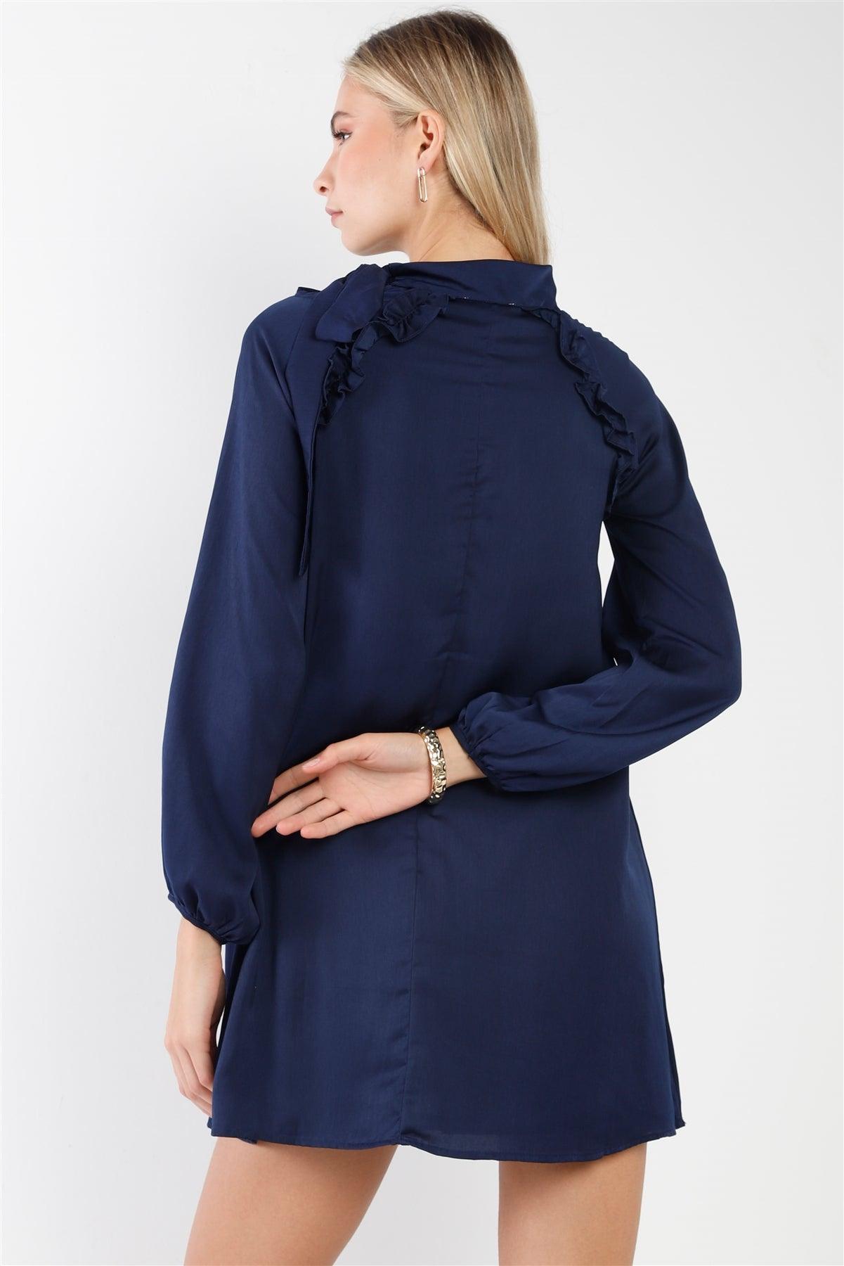 Navy Satin Long Balloon Puff Sleeve Side-Tie Mini Dress /2-2-2