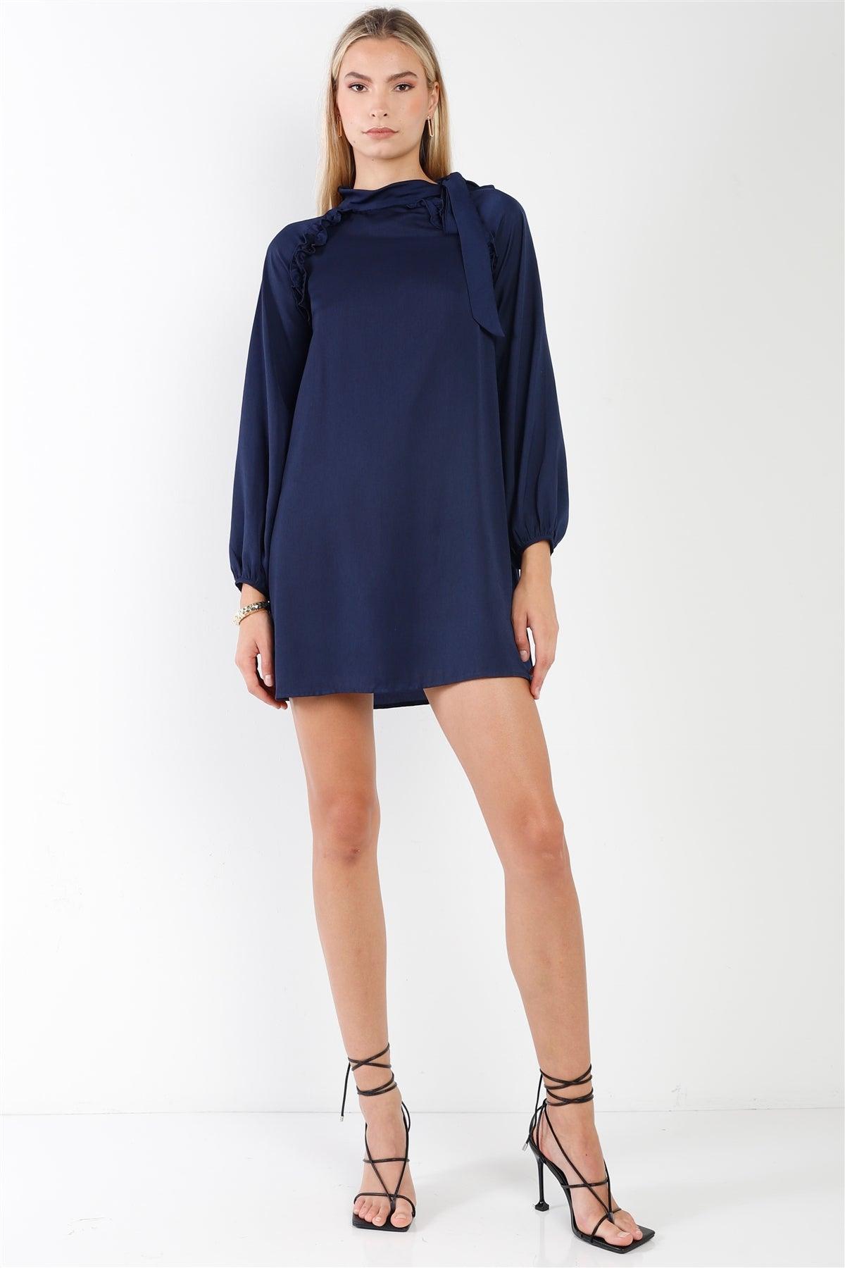 Navy Satin Long Balloon Puff Sleeve Side-Tie Mini Dress /2-2-2