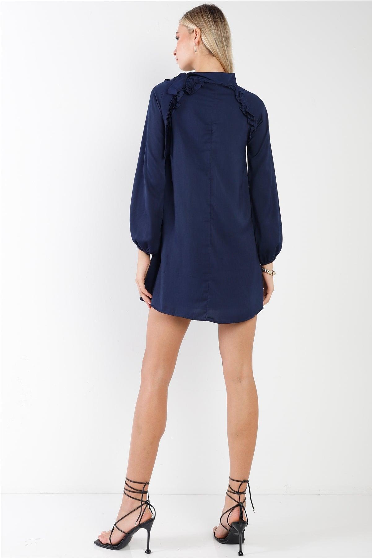 Navy Satin Long Balloon Puff Sleeve Side-Tie Mini Dress /2-2-2