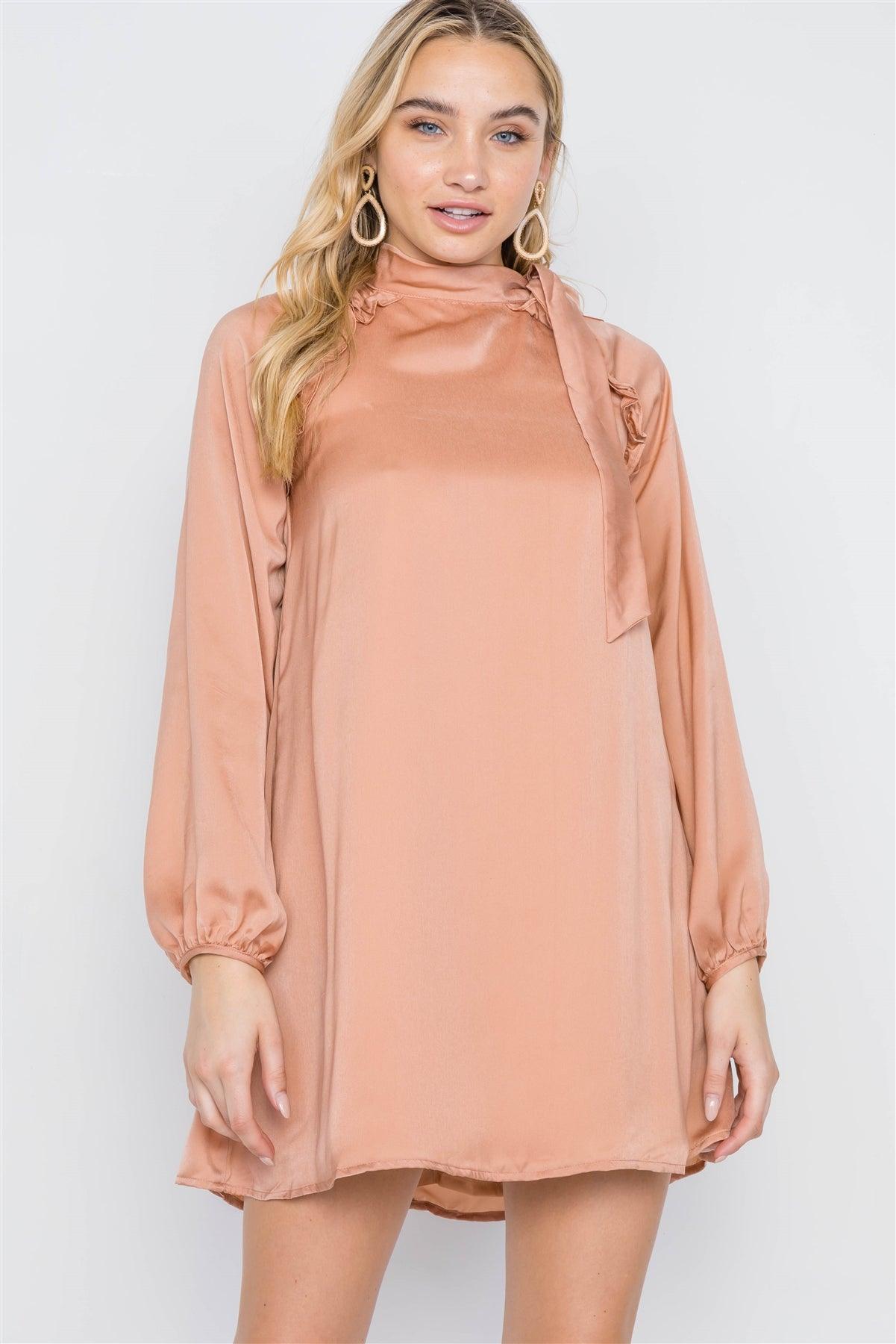 Taupe Satin Long Balloon Puff Sleeve Side-Tie Mini Dress /2-2