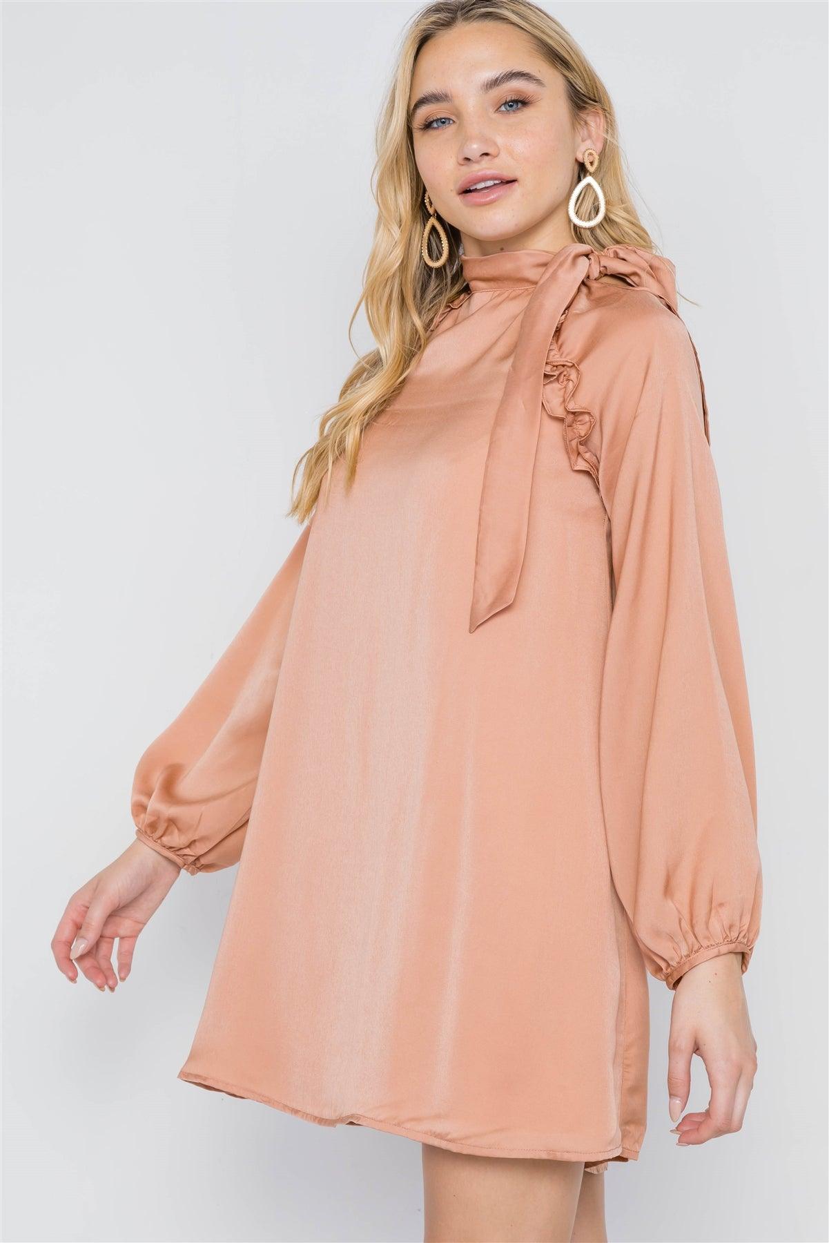 Taupe Satin Long Balloon Puff Sleeve Side-Tie Mini Dress /2-2