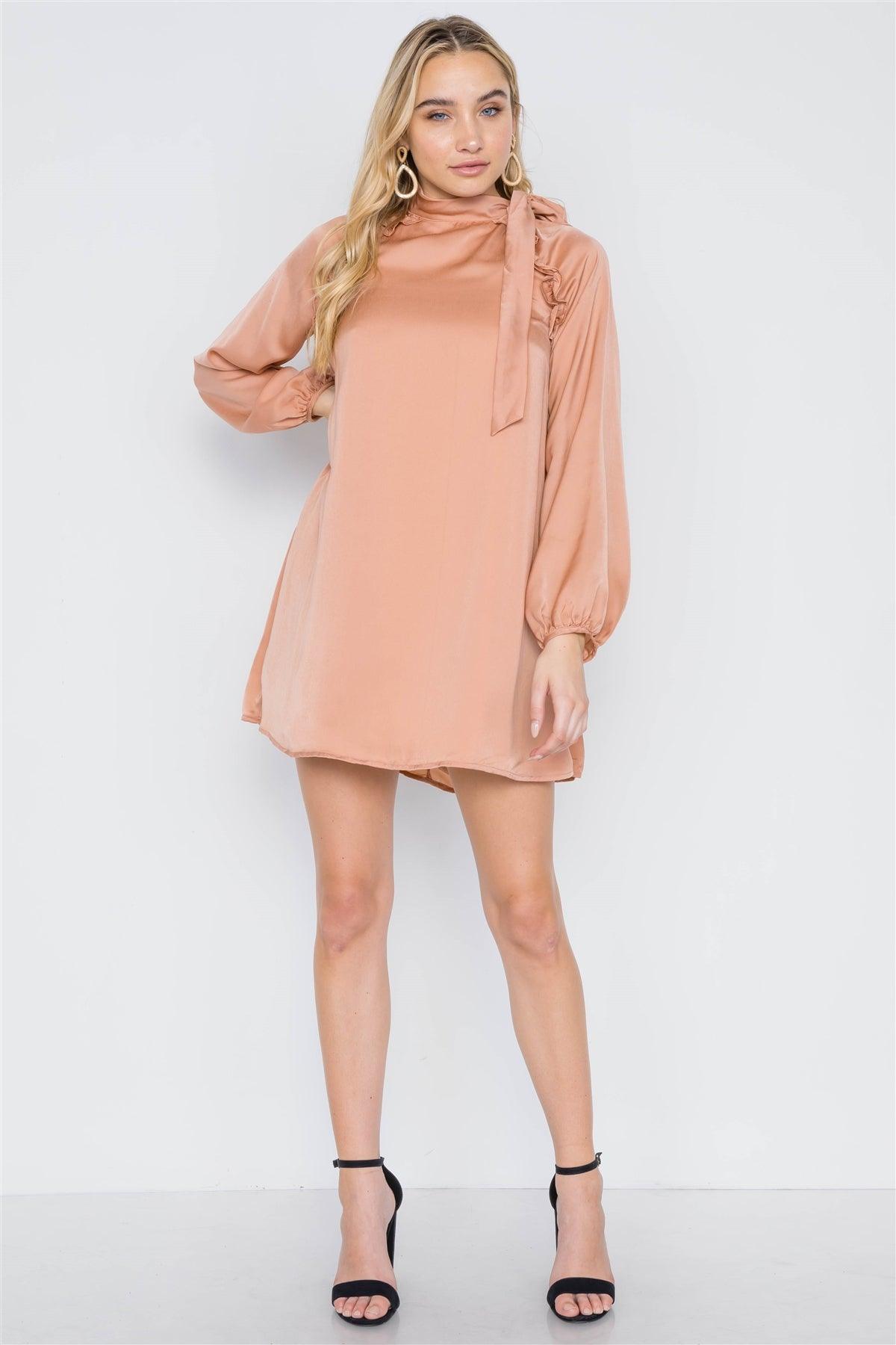 Taupe Satin Long Balloon Puff Sleeve Side-Tie Mini Dress /2-2