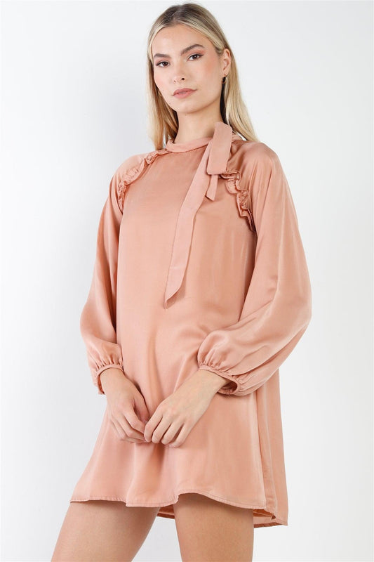 Taupe Satin Long Balloon Puff Sleeve Side-Tie Mini Dress /2-2-2