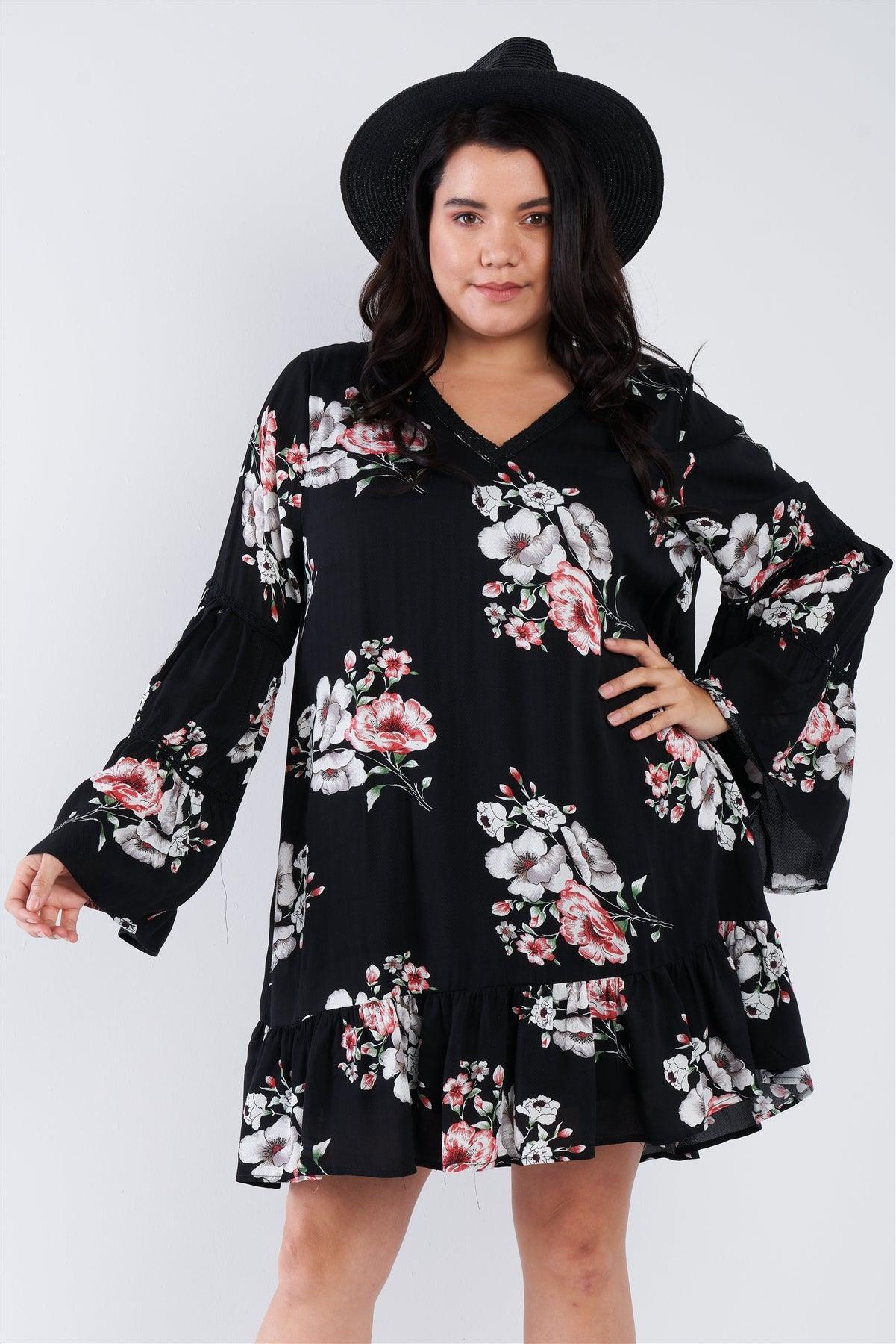 Black Plus Size Floral Mini Dress /2-2-1