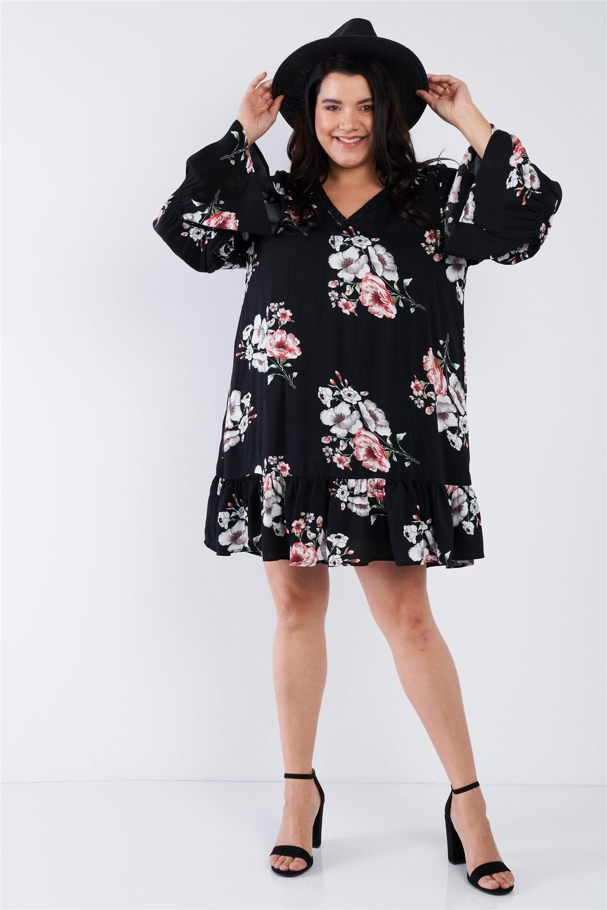 Black Plus Size Floral Mini Dress /2-2-1