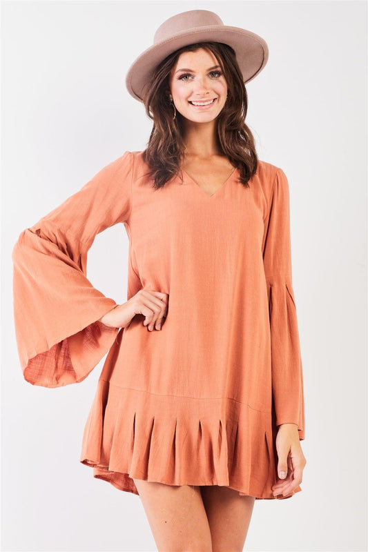 Camel Boho V-Neck Poet Sleeve Pleated Edge Detail Loose Fit Mini Dress /2-2-2