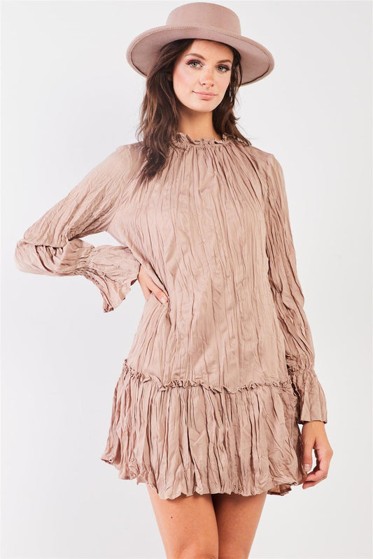 Mocha Wrinkle Pleat Mock Neck Long Trumpet Sleeve Dropped Waist Mini Dress /2-2-2