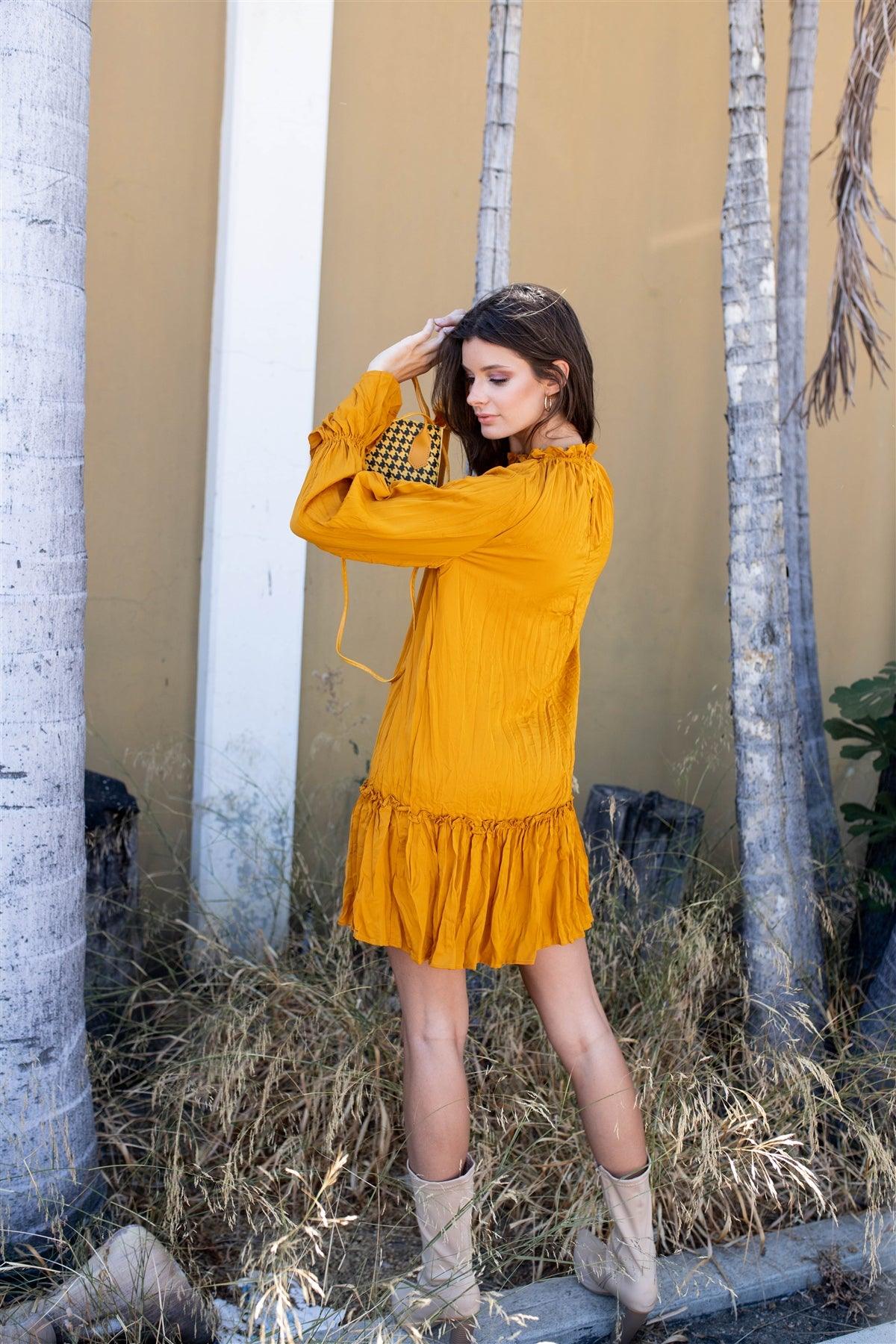 Mustard Wrinkle Pleat Mock Neck Long Trumpet Sleeve Dropped Waist Mini Dress /1-2-3