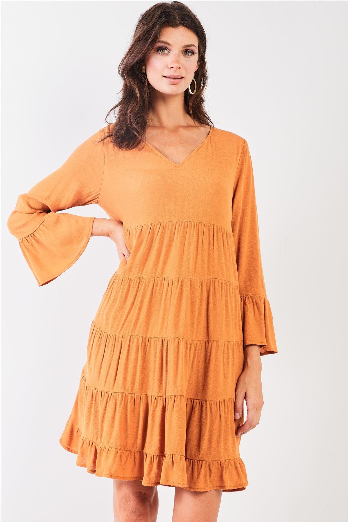 Boho Mustard V-Neck 3/4 Flare Sleeve High-Waist Knee Length Dress /1-2-2