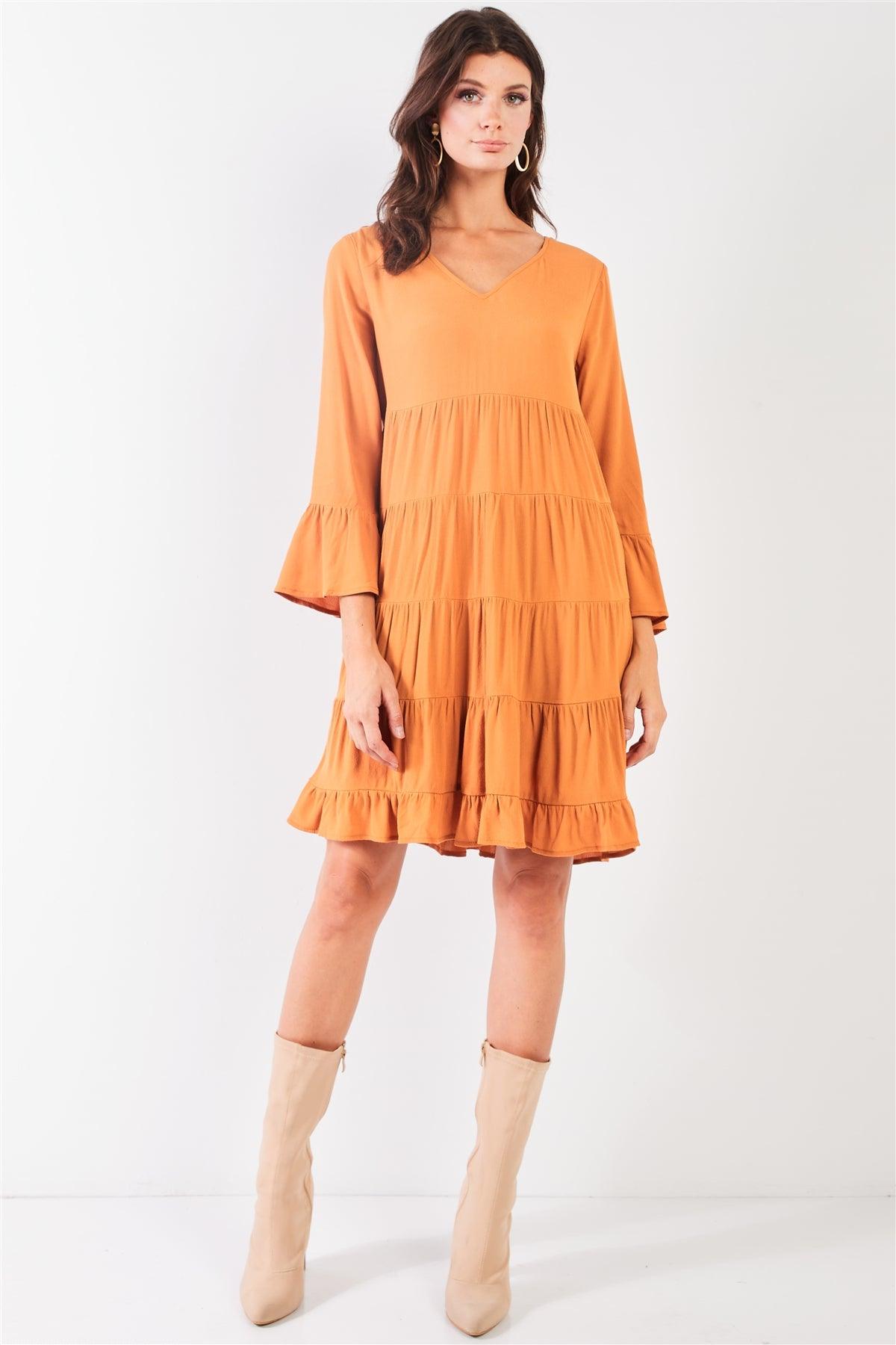 Boho Mustard V-Neck 3/4 Flare Sleeve High-Waist Knee Length Dress /1-2-2