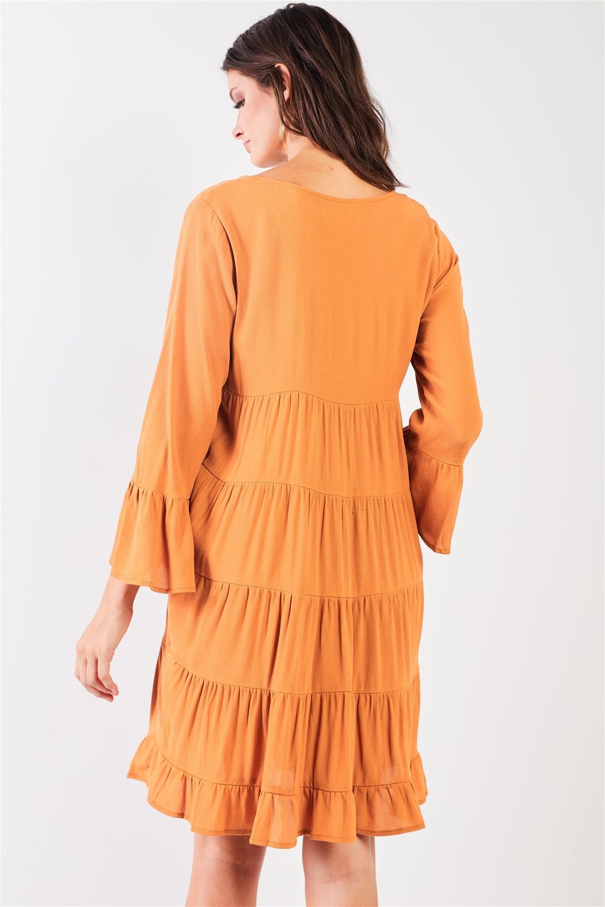 Boho Mustard V-Neck 3/4 Flare Sleeve High-Waist Knee Length Dress /2-2-2