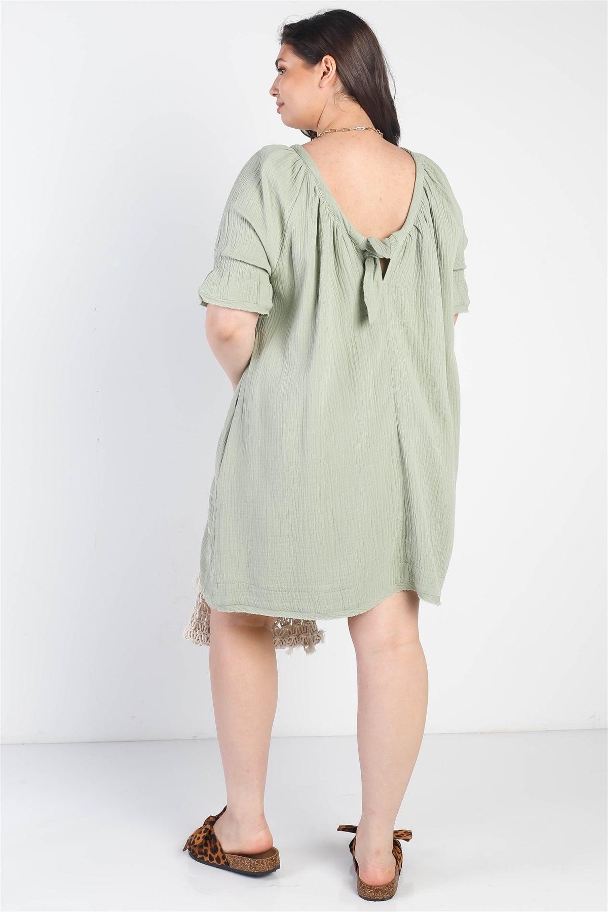 Wholesale Junior Plus Dusty Sage Textured Halter Neck Side Ruched Details  Back Lace Down Mini Dress /2-2-2