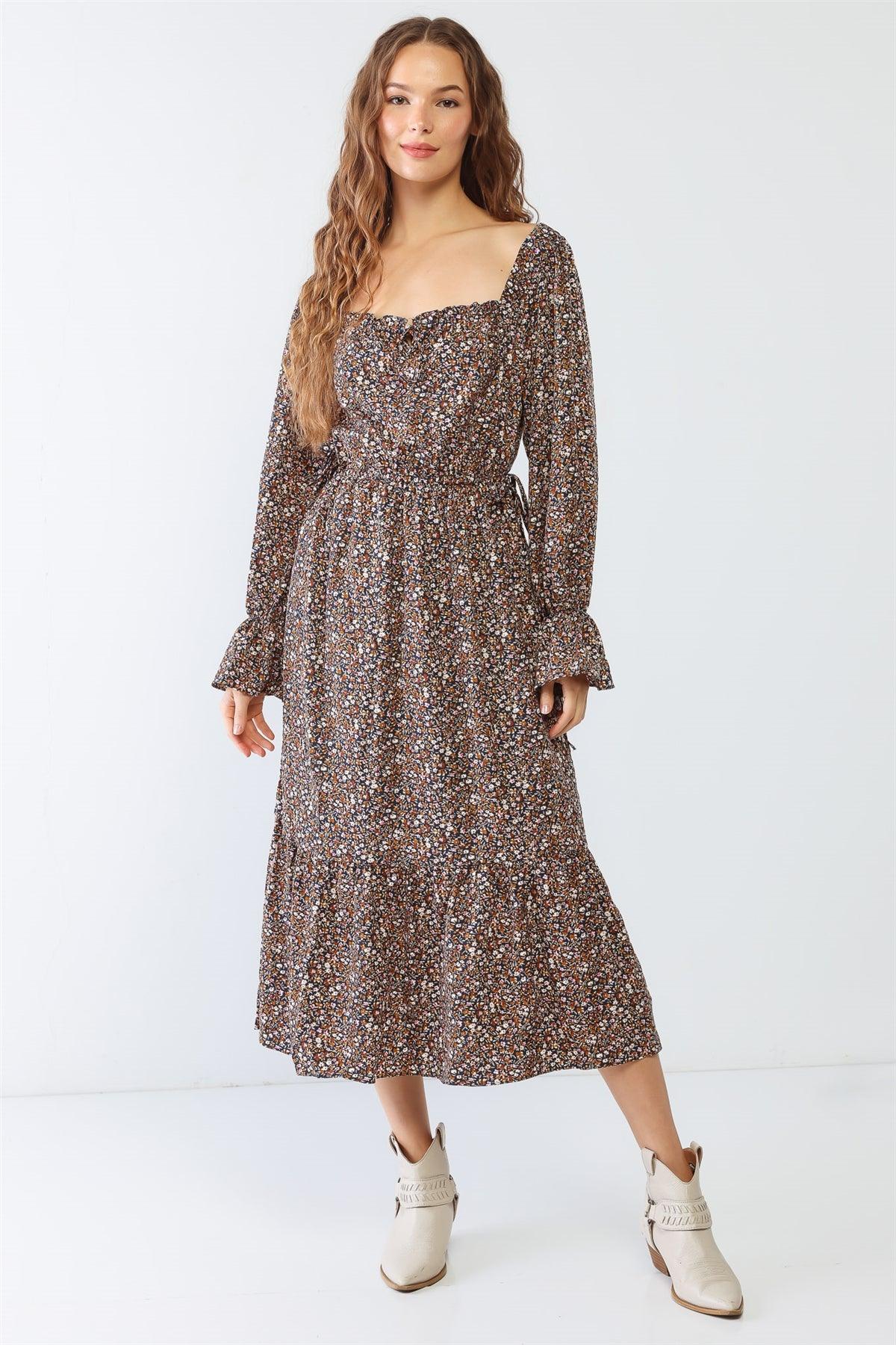 Navy Flower Print Self-Tie Waist Long Sleeve Maxi Dress /1-1-1