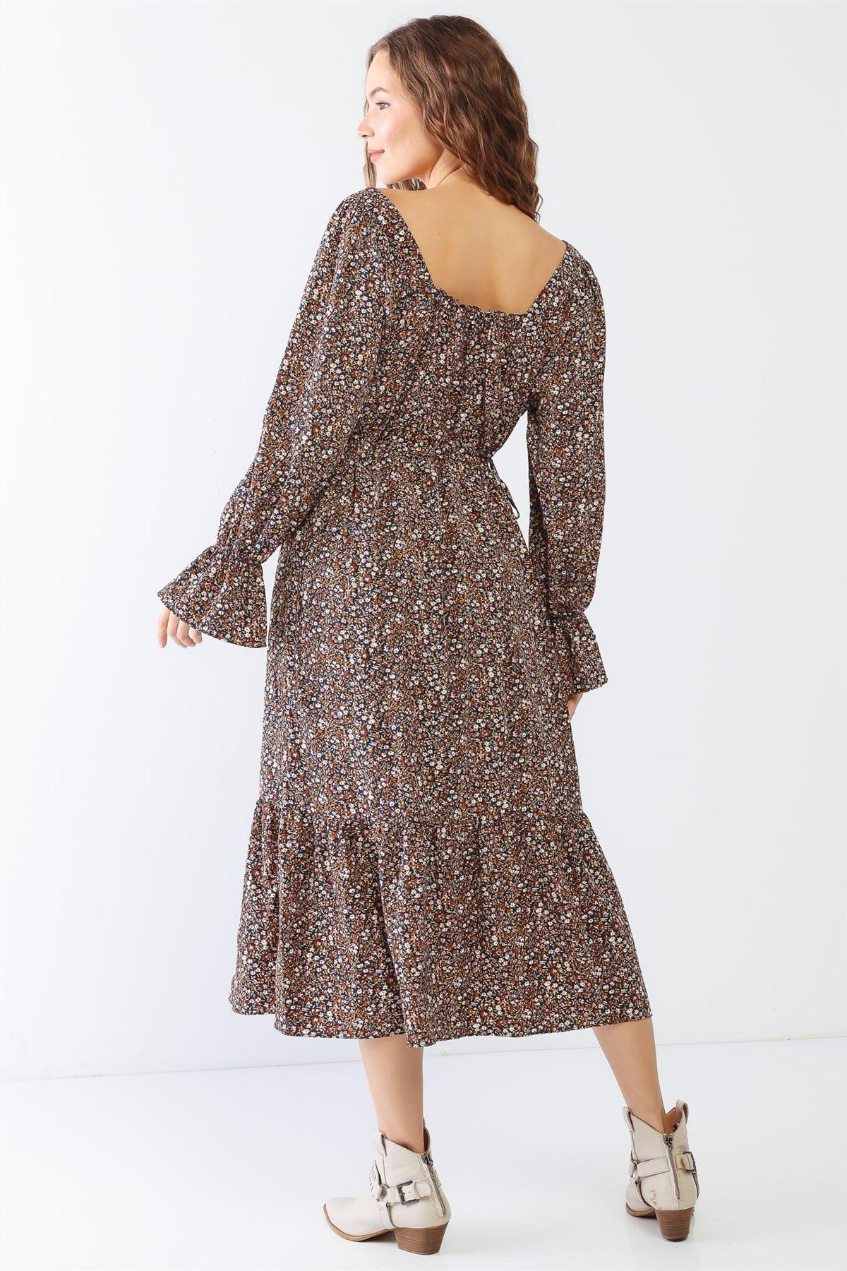 Navy Flower Print Self-Tie Waist Long Sleeve Maxi Dress /1-1-1