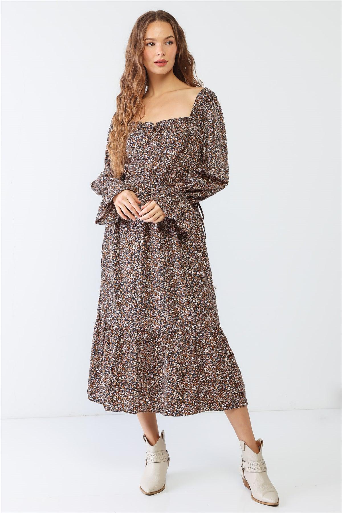 Navy Flower Print Self-Tie Waist Long Sleeve Maxi Dress /1-1-1