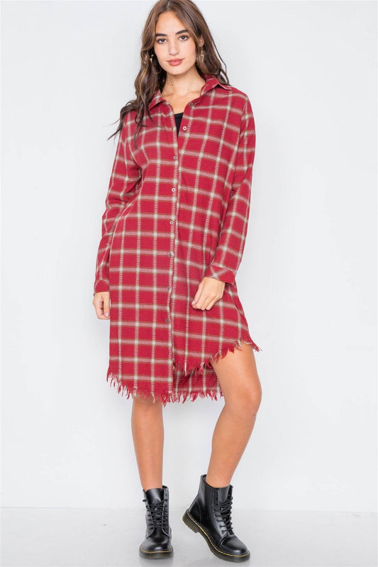 Red Green & White Plaid Stripe Raw High-Low Hem Flannel Dress /1-2-2