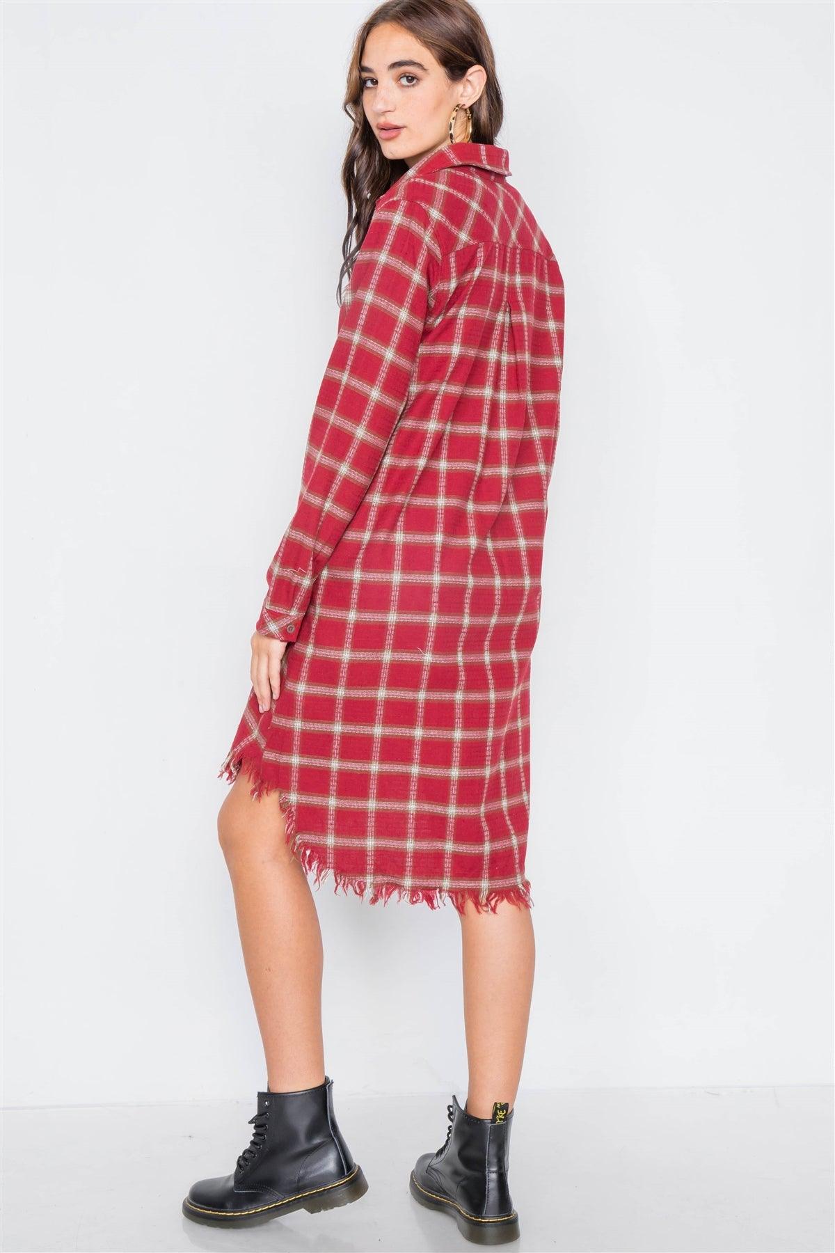 Red Green & White Plaid Stripe Raw High-Low Hem Flannel Dress /1-2-2