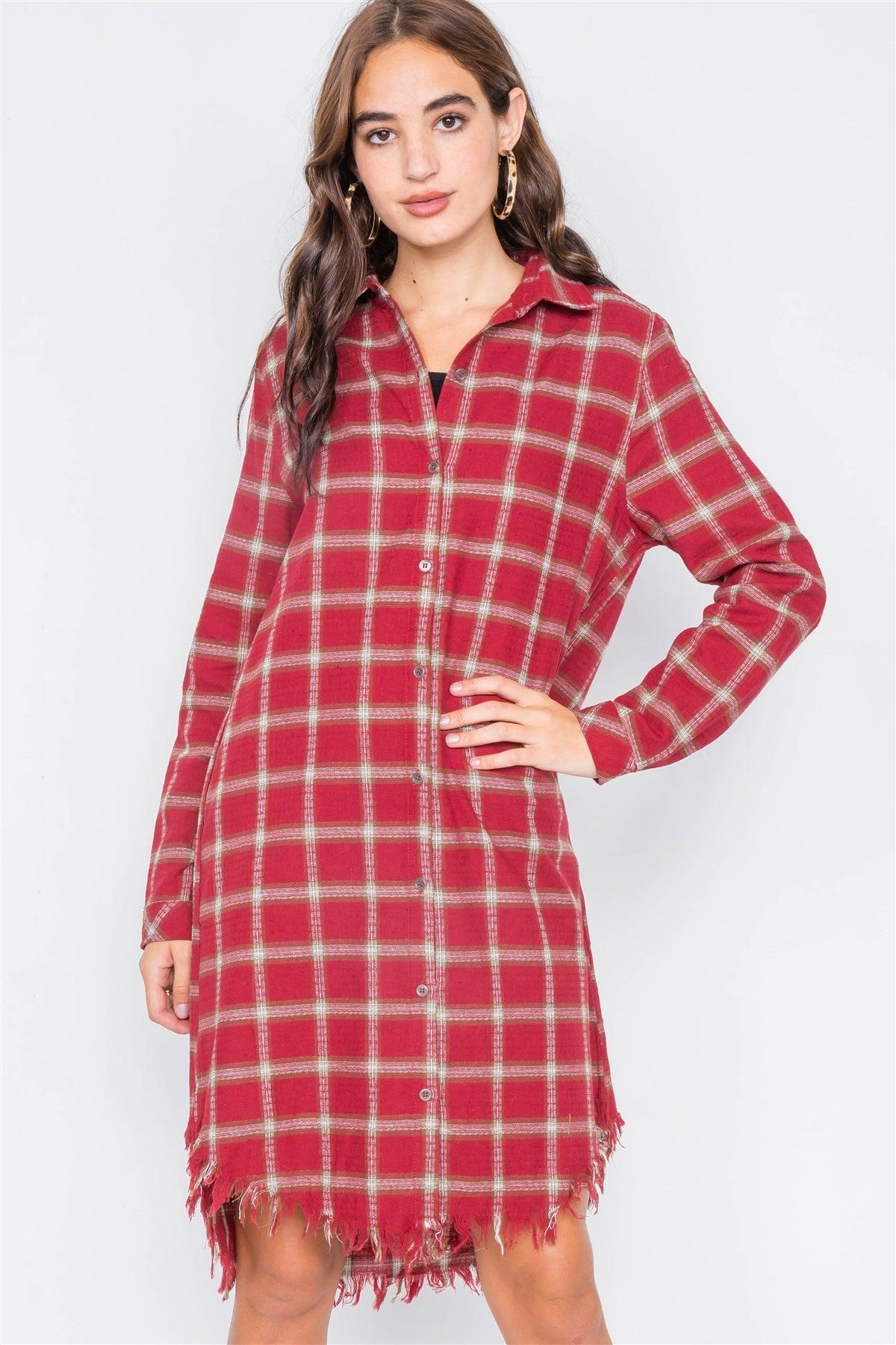 Red Green & White Plaid Stripe Raw High-Low Hem Flannel Dress /1-2-2