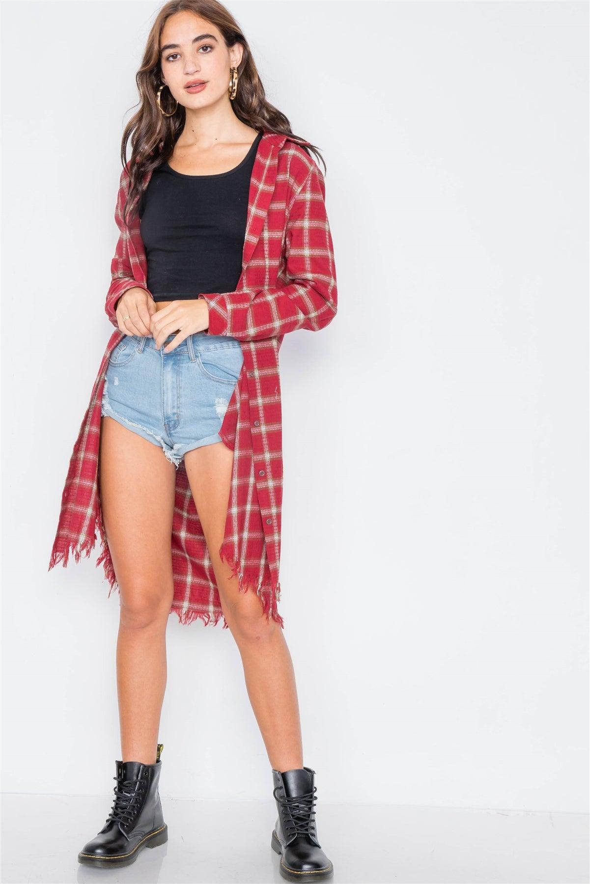 Red Green & White Plaid Stripe Raw High-Low Hem Flannel Dress /1-2-2