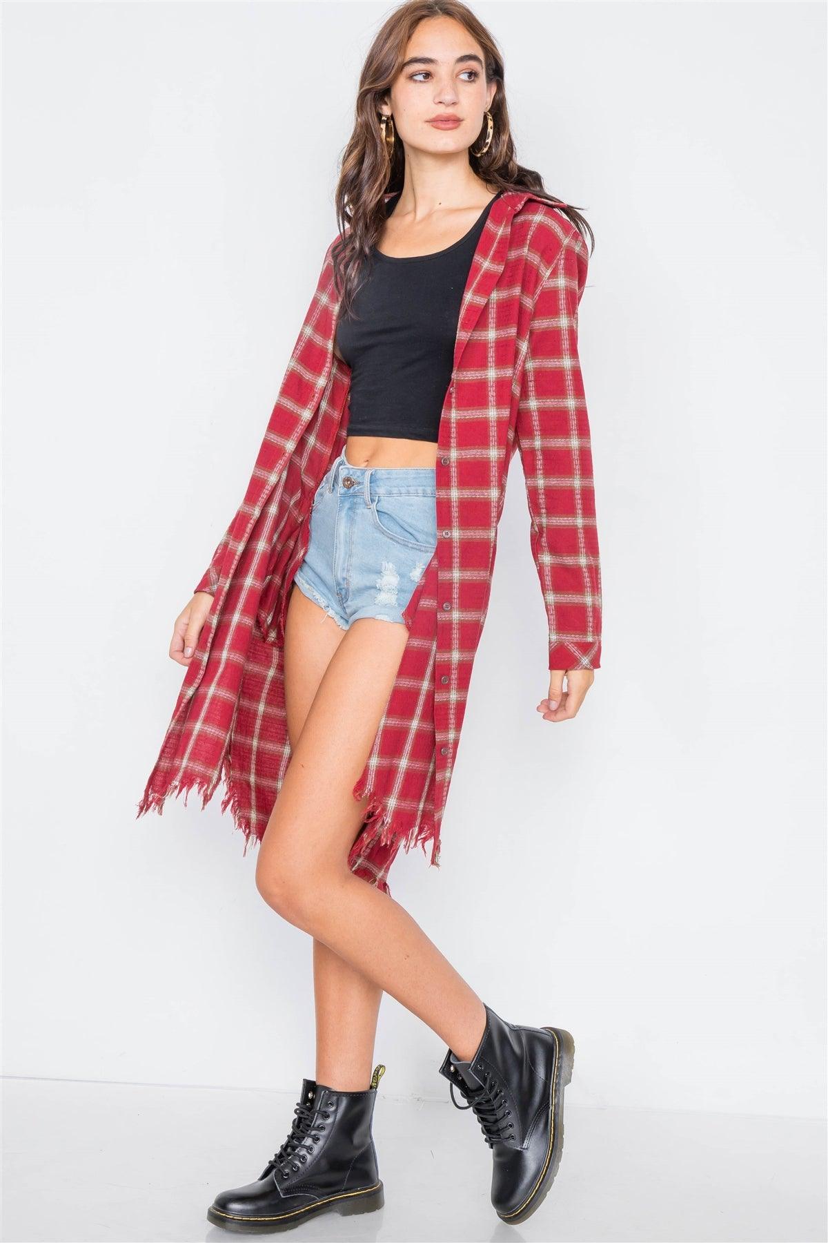 Red Green & White Plaid Stripe Raw High-Low Hem Flannel Dress /1-2-2