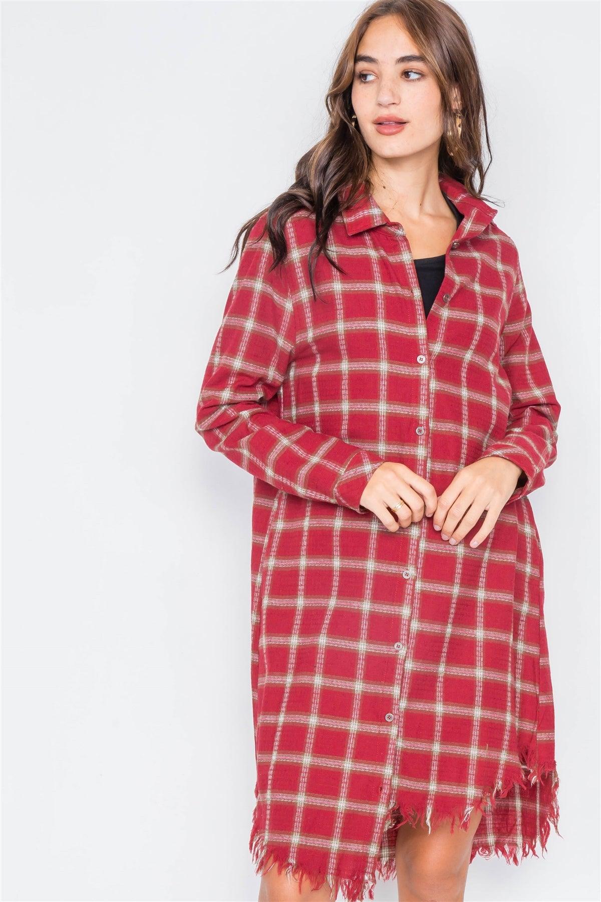 Red Green & White Plaid Stripe Raw High-Low Hem Flannel Dress /2-2-2