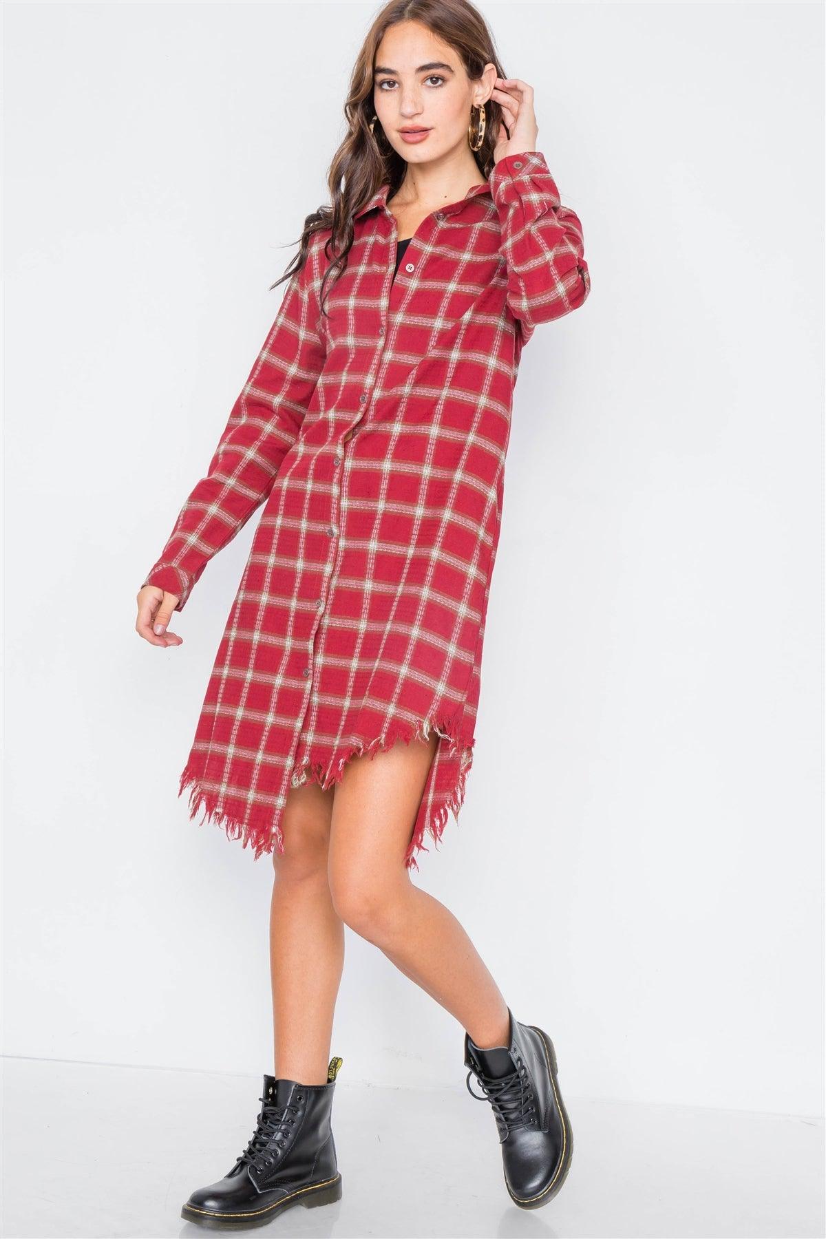 Red Green & White Plaid Stripe Raw High-Low Hem Flannel Dress /2-2-2