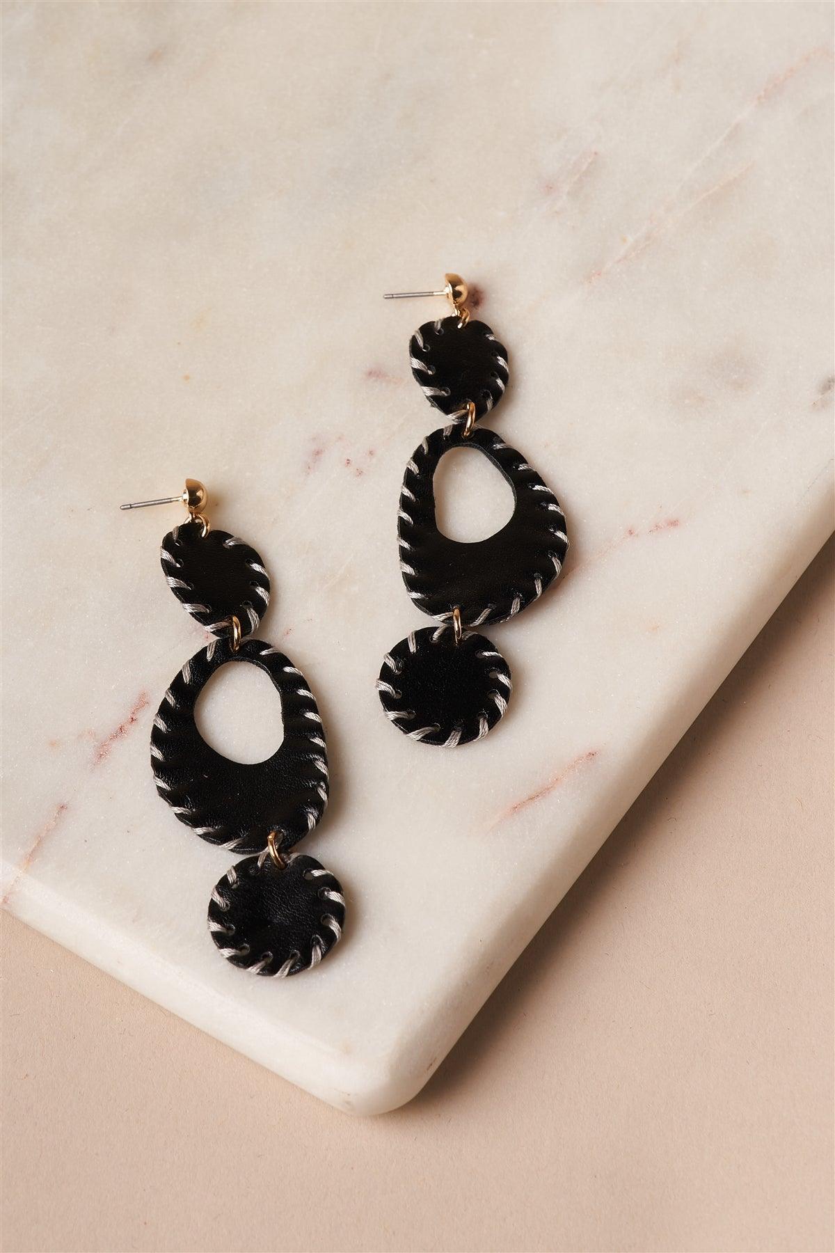 Black Baseball Stitched Vegan Leather Earrings /6 Pairs