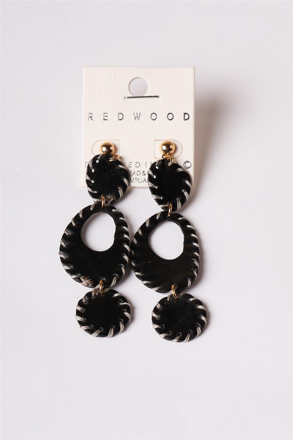 Black Baseball Stitched Vegan Leather Earrings /6 Pairs