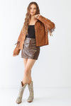 Camel Suede Leather Fringe Collared Two Pocket Long Sleeve Jacket /2-2-2