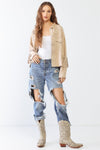 Ecru Suede Leather Fringe Collared Neck Two Pocket Long Sleeve Jacket /2-2-2