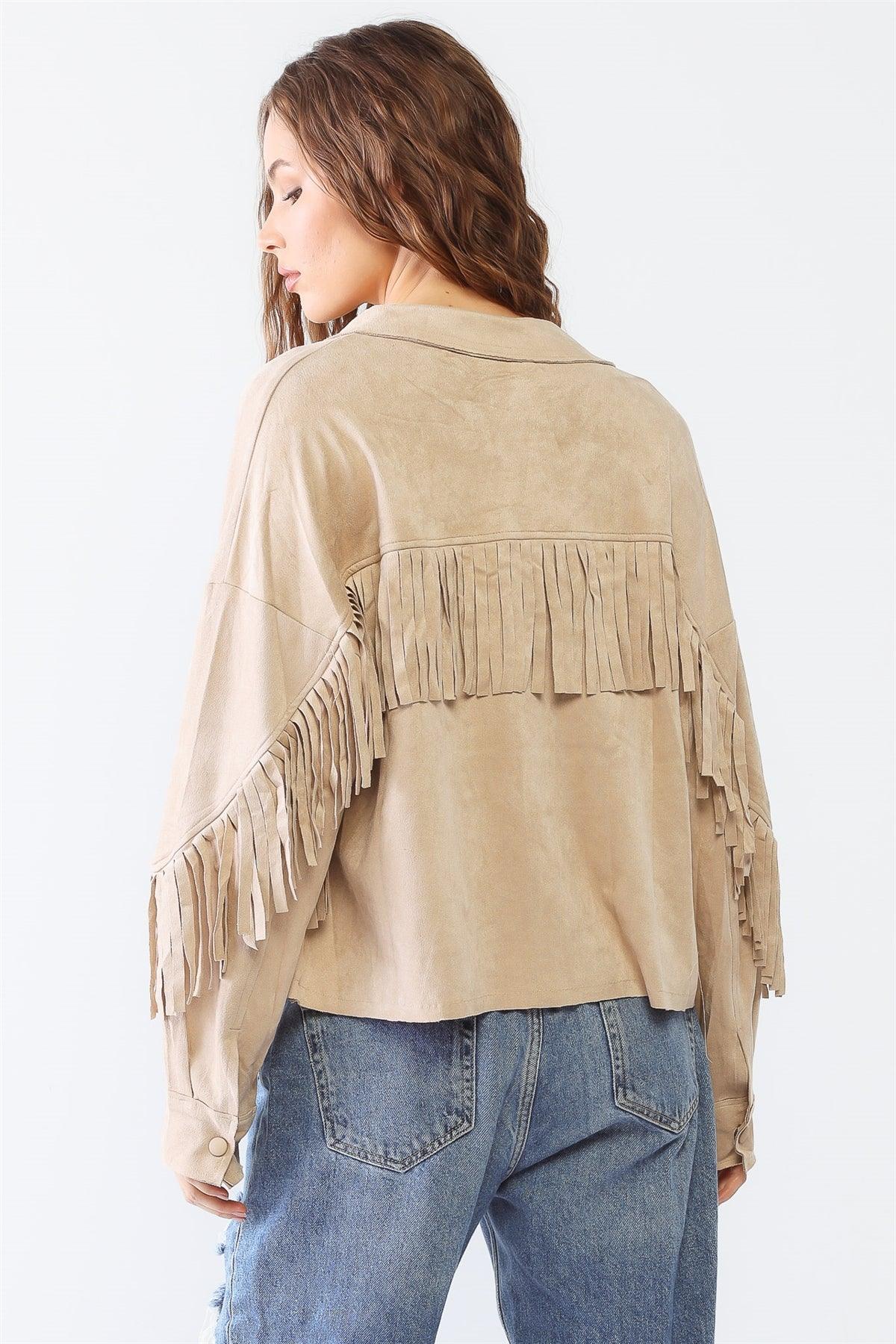 Ecru Suede Leather Fringe Collared Neck Two Pocket Long Sleeve Jacket /2-2-2