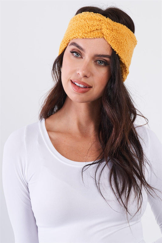 Mustard Yellow Faux Shearling Fur Turban Twist Headband /3 Pieces