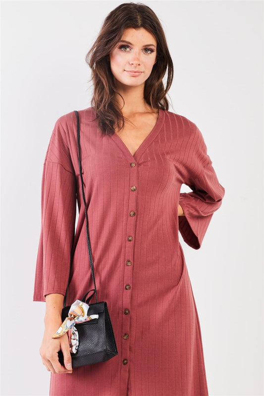 Brick-Red Striped Ribbed V-Neck 3/4 Sleeve Button-Down Straight Fit Relaxed Midi Dress /2-2