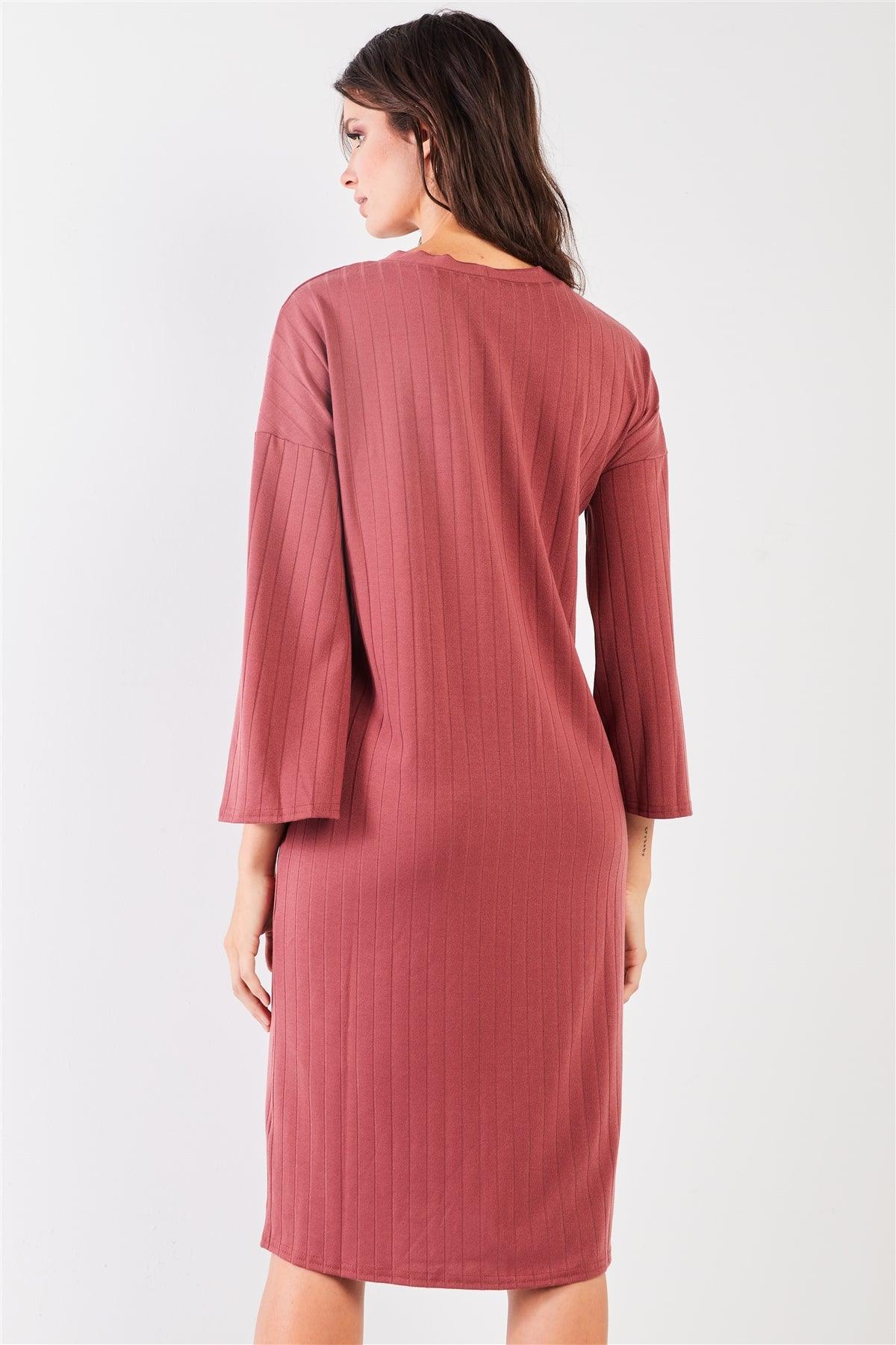 Brick-Red Striped Ribbed V-Neck 3/4 Sleeve Button-Down Straight Fit Relaxed Midi Dress /2-2