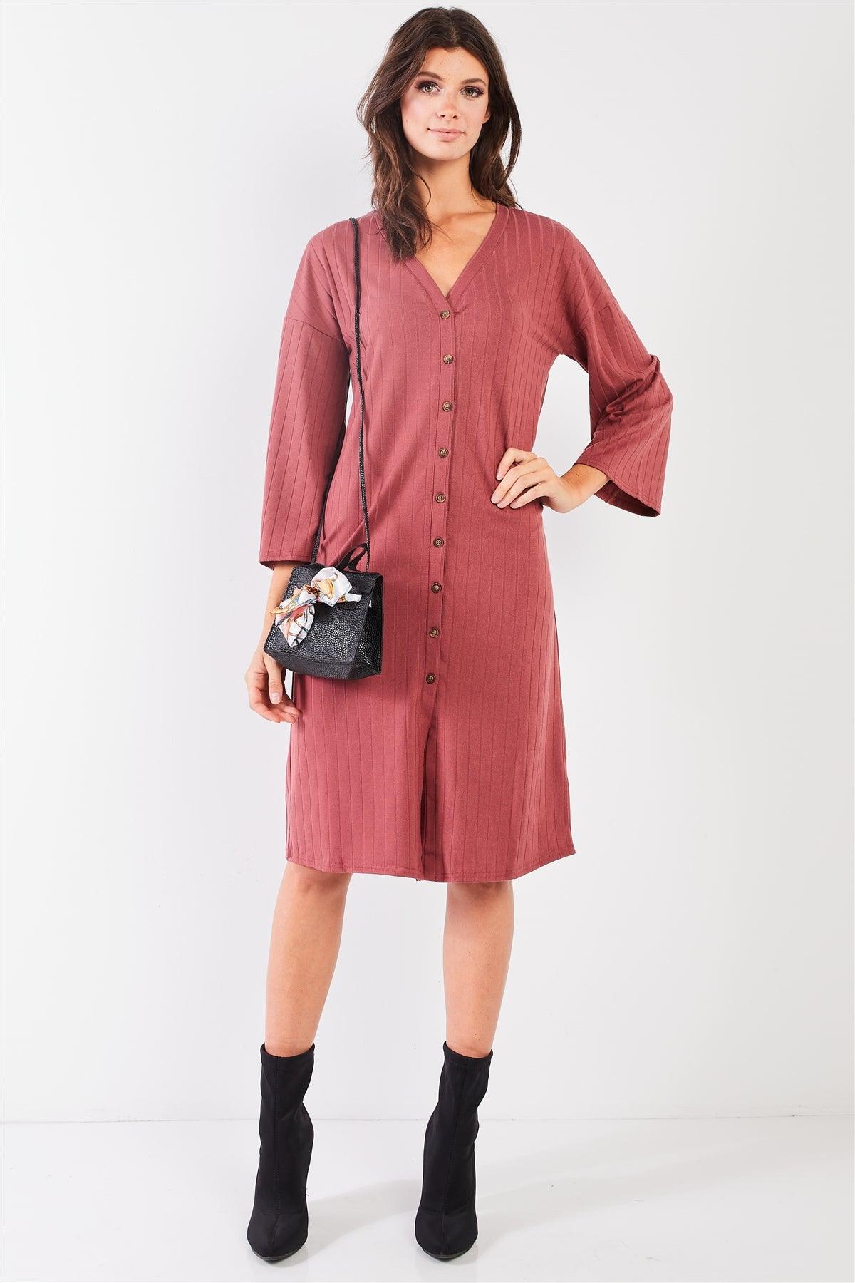 Brick-Red Striped Ribbed V-Neck 3/4 Sleeve Button-Down Straight Fit Relaxed Midi Dress /2-2