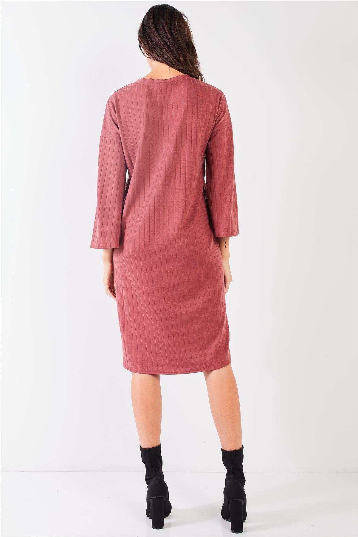 Brick-Red Striped Ribbed V-Neck 3/4 Sleeve Button-Down Straight Fit Relaxed Midi Dress /2-2