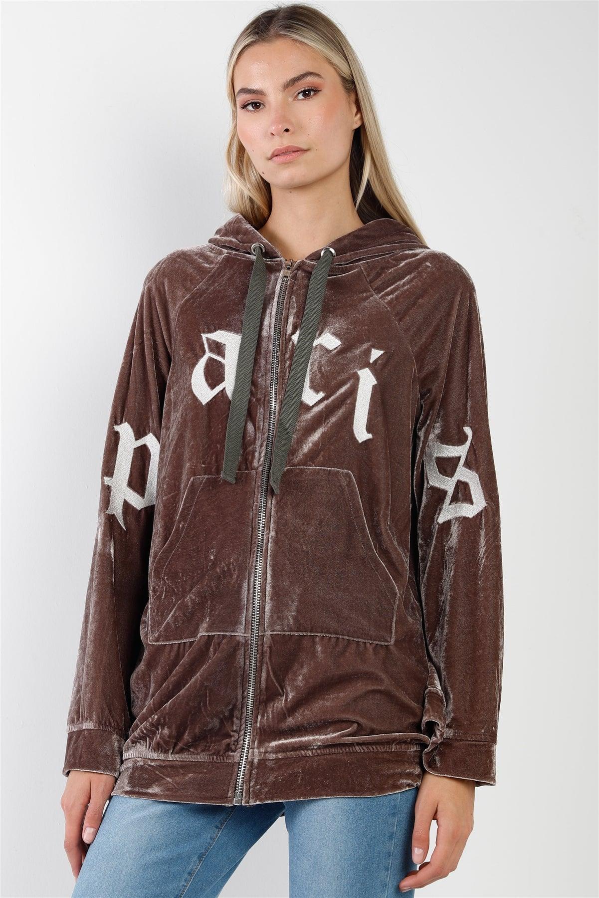 Toffee Graphic Letters Zip Up Hoodie Drawstring Velvet Sweater /3-2-1