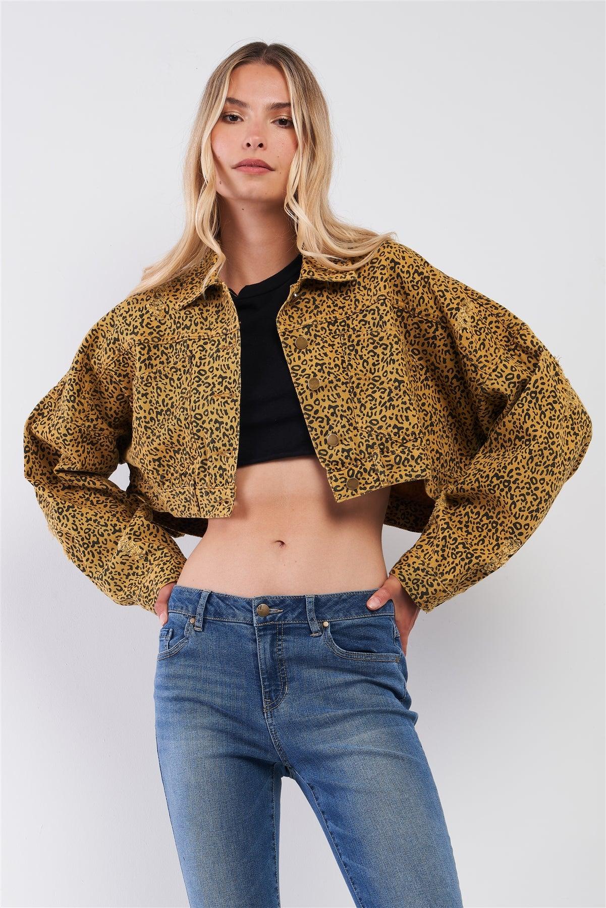 Street Retro Mustard & Black Leopard Print Balloon Sleeve Distressed Crop Jacket /3-2-1