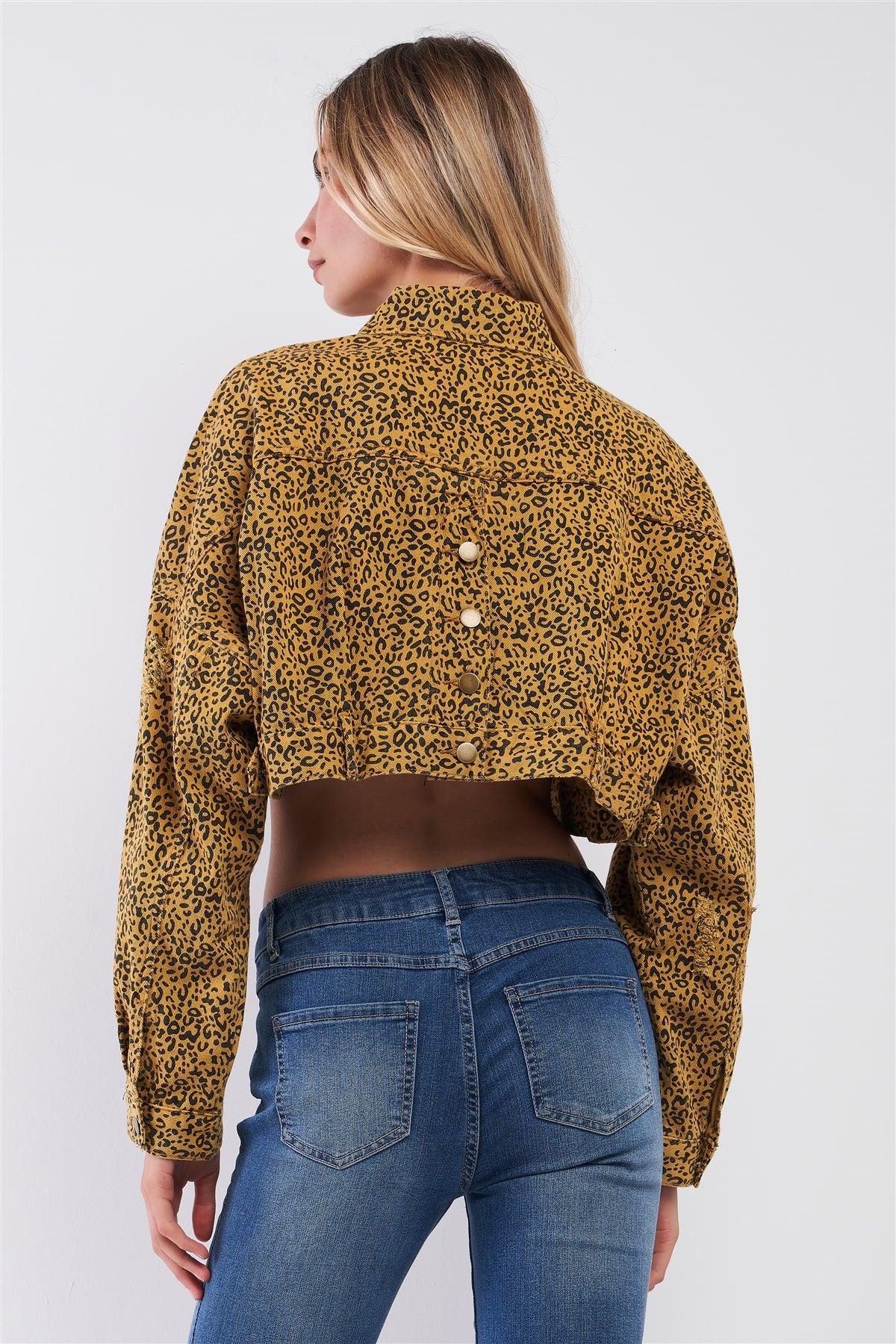 Street Retro Mustard & Black Leopard Print Balloon Sleeve Distressed Crop Jacket /3-2-1